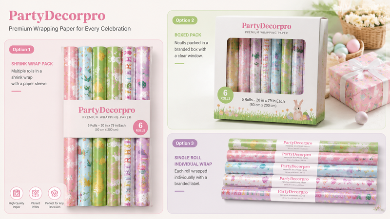 Easter themed wrapping paper packaging options showing roll sets, boxed packs and retail-ready bundles in pastel festive designs