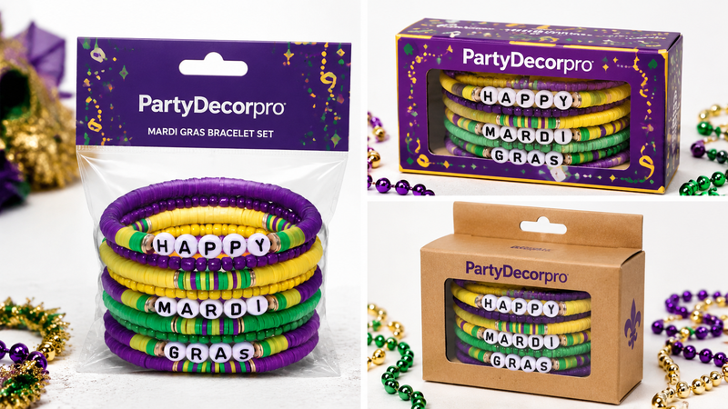 Mardi Gras beaded bracelet packaging solutions including poly bag, window box and kraft box display options