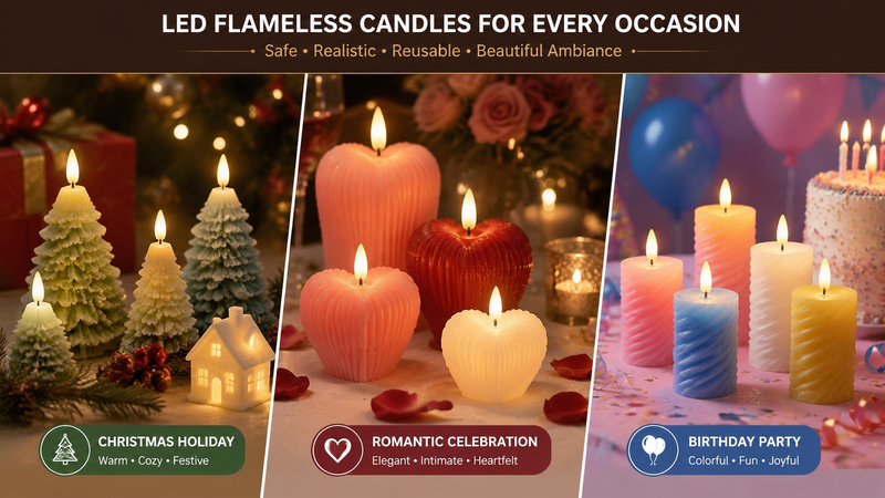 Three flameless LED pillar candles glowing warm light on tray with floral decoration elegant home ambiance decorative lighting product photography