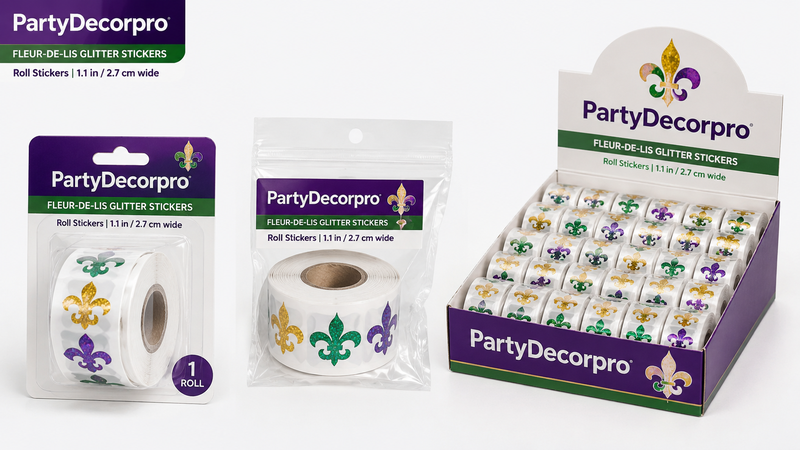 Fleur-de-lis glitter sticker roll product showing multiple packaging options including hang card, pouch and display box for wholesale use