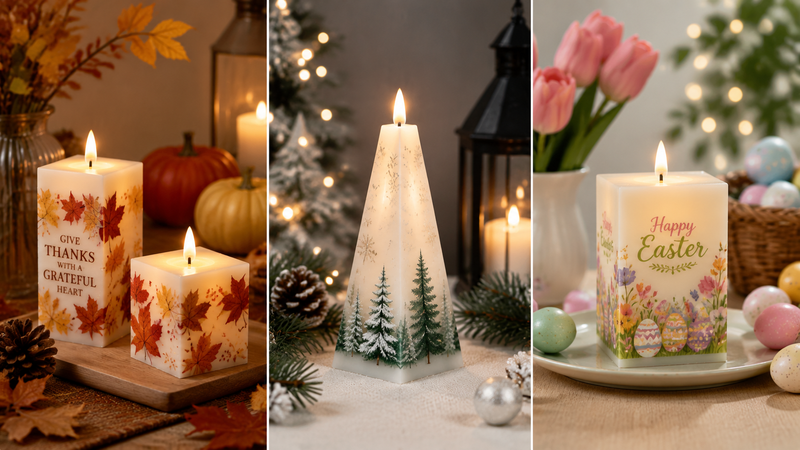 Floral botanical LED pillar candle with decorative flower print for home and event decor wholesale