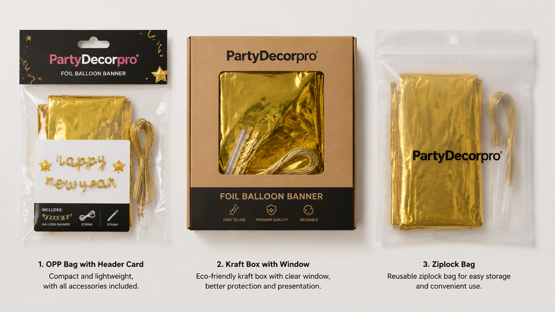 Three packaging options for foil balloon banner including OPP bag, kraft box with window, and ziplock bag product display