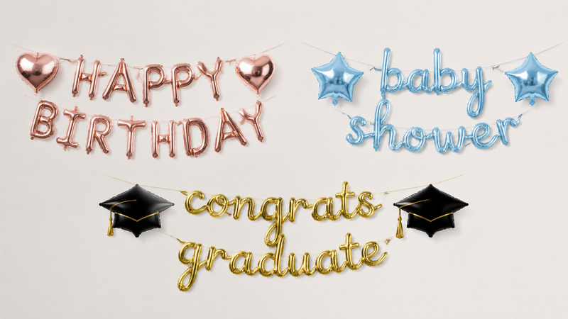 Gold foil balloon banner set with Happy Birthday, baby shower, graduation and congrats themes arranged in studio layout