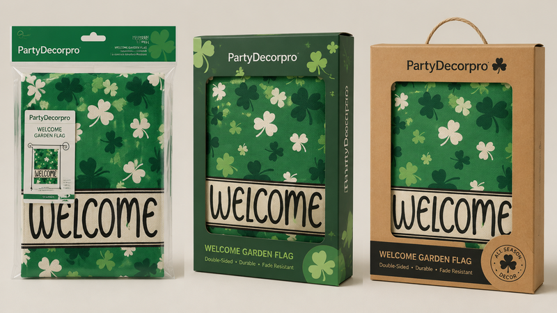 St. Patrick shamrock garden flag packaging options polybag window box kraft box wholesale customizable