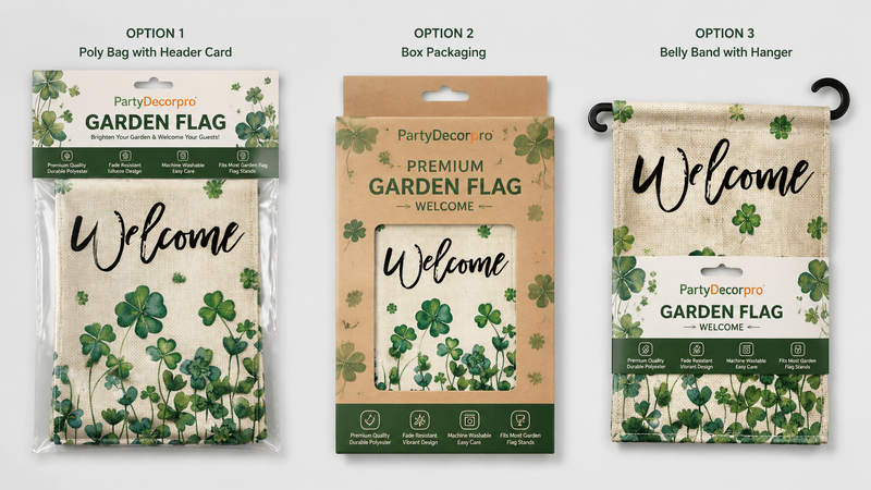 Three packaging options for shamrock garden welcome flags including polybag, kraft box and sleeve-style retail packaging