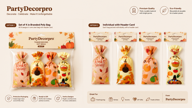 Two packaging solutions for festive gift bags showing bulk poly bag set and individual hanging card retail packaging options.