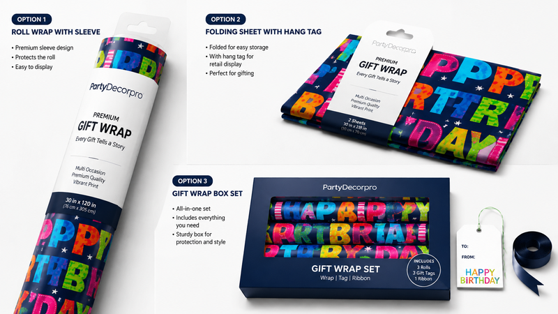 Three gift wrap packaging options including roll sleeve, folded sheet, and box set for colorful birthday wrapping paper