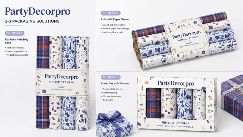 Gift wrap paper packaging solutions showcasing roll, sheet and boxed formats with multiple patterns