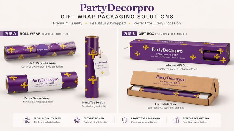 Purple gift wrap packaging solutions showcase with roll wrap and gift box options, customizable design concept