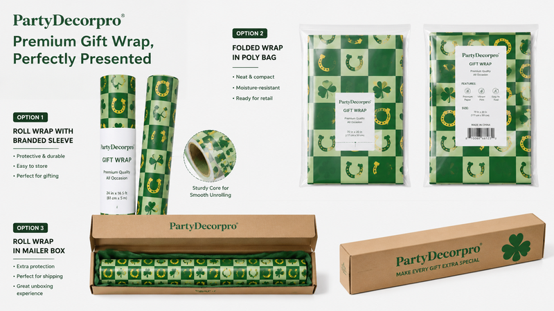 Green shamrock pattern gift wrap packaging options including roll sleeve, folded poly bag and mailer box presentation