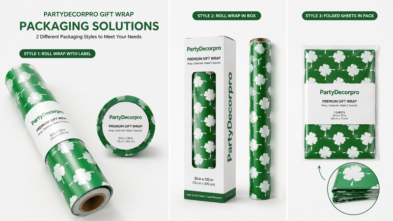 Gift wrapping paper packaging solutions showing roll, box and folded formats with customizable branding options