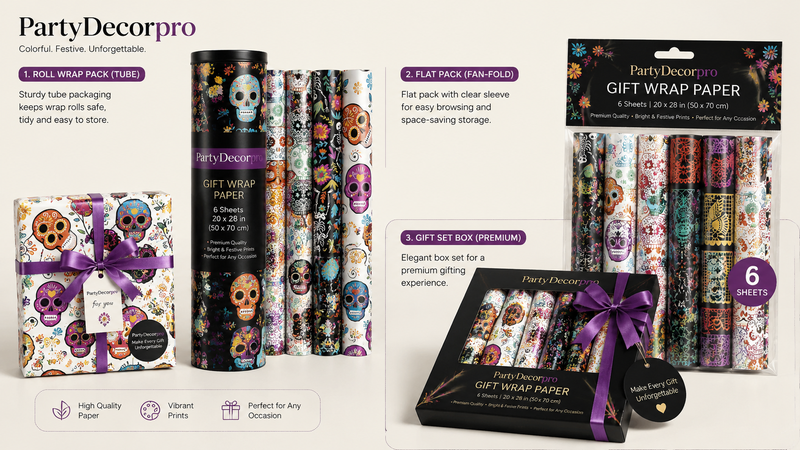 Gift wrap packaging options comparison tube roll flat pack gift box festive floral sugar skull designs