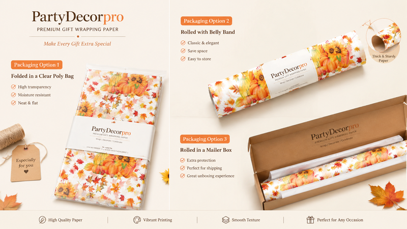 Autumn themed gift wrapping paper showing multiple packaging options including folded, rolled and mailer box presentation