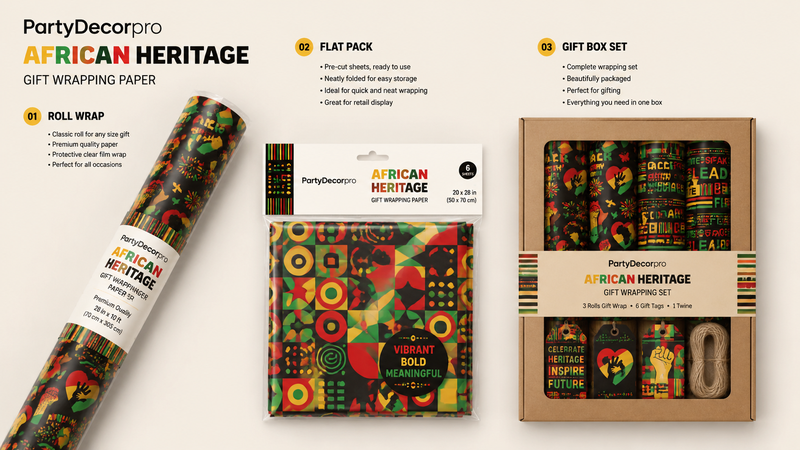 African-inspired wrapping paper packaging mockup showing roll flat pack and gift box set options