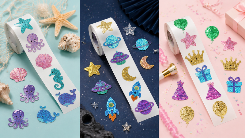 Holographic glitter bunny sticker sheet roll featuring colorful multi-theme designs including ocean, space, and party styles for wholesale craft use