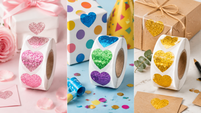 Custom glitter heart sticker rolls for gift wrapping, crafts and party decoration