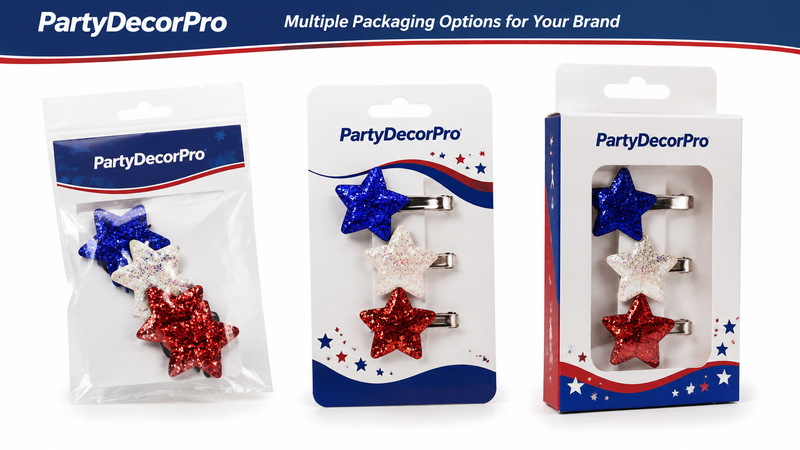 Custom packaging solutions for glitter star hair clips with bags, display cards and retail boxes