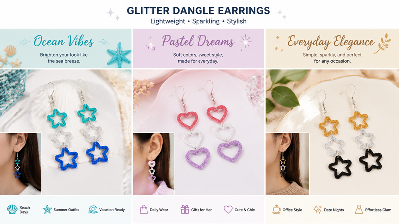 Colorful glitter star and heart dangle earrings set with red white blue design lightweight fashion jewelry display