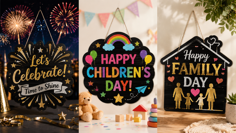 Glitter wooden hanging signs with three themed variations including fireworks celebration design, colorful children’s party rainbow sign, and family day house-shaped decoration