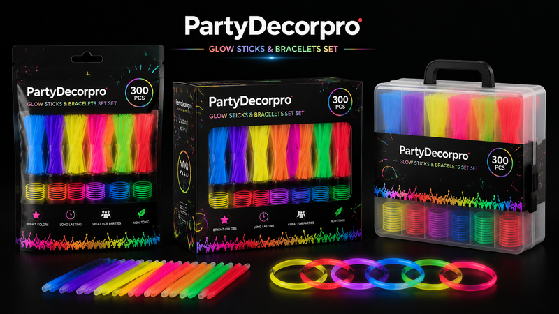 Glow sticks packaging display showing pouch box and tube options with colorful neon party supplies on black background