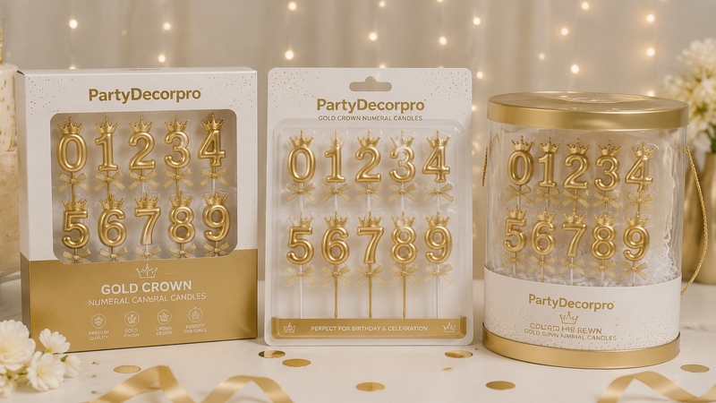 Gold crown numeral candles packaging options including box, blister pack and cylinder packaging for retail display