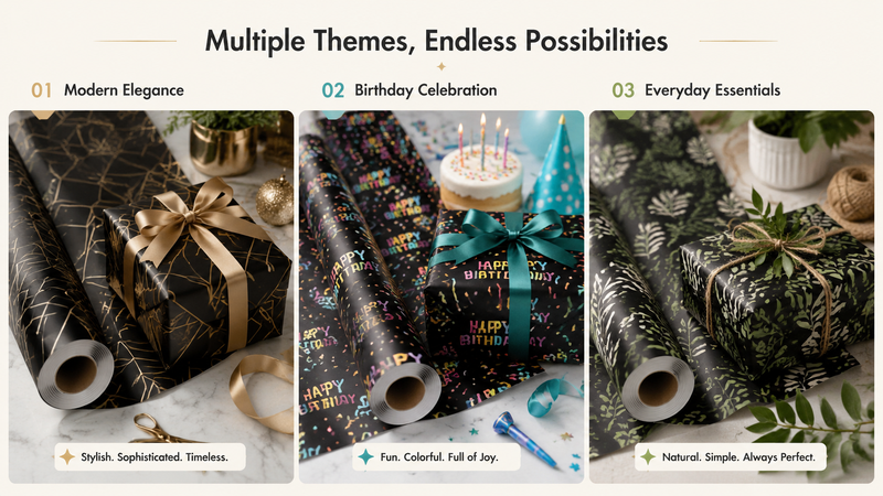 Luxury black wrapping paper with gold “Happy New Year” fireworks pattern, festive premium gift wrap design