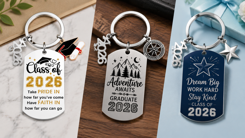 Graduation keychain set featuring three metal enamel designs including Class of 2026, adventure and dream themed styles, detailed close-up product photography