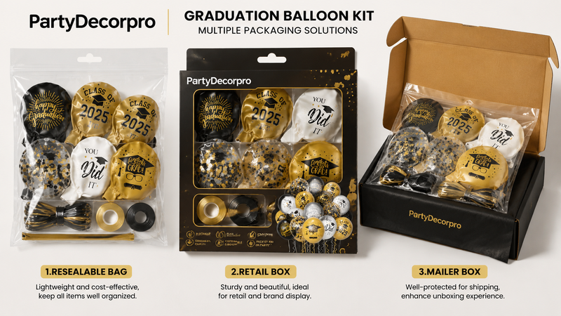 Custom graduation balloon kit packaging solutions with resealable bag, retail box and shipping box options