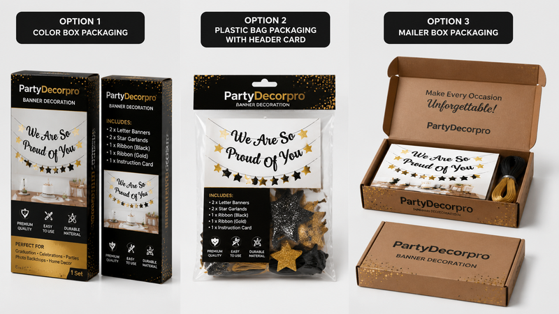 Three packaging options for a graduation banner including color box, plastic bag with header card, and mailer box displayed in a clean studio setting.