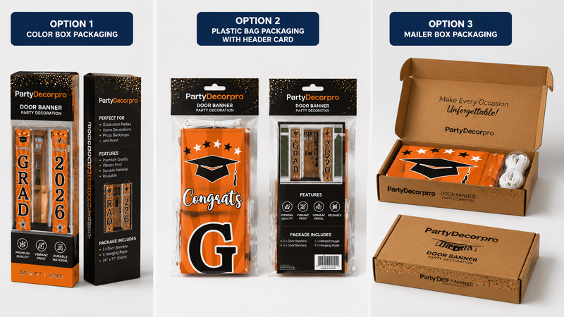 Three packaging options for graduation door banners including color box, plastic bag with header card, and mailer box.
