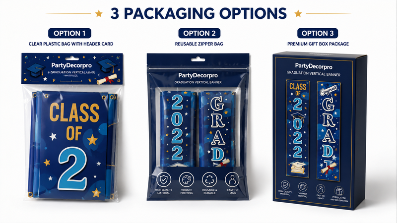 Graduation banner three packaging options showcasing retail-ready and event-friendly designs