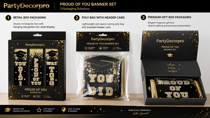 Custom packaging solutions for graduation banner sets featuring retail box, header card poly bag, and premium gift box packaging options