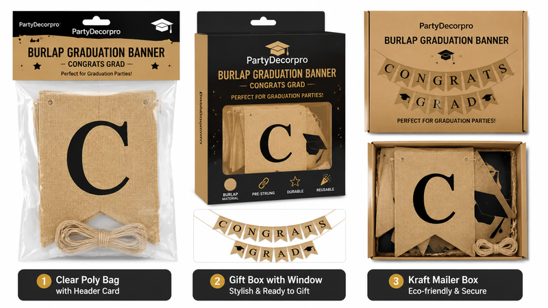 Graduation-themed congratulations banner set with flags, stars, and mortarboard decorations for wholesale B2B use