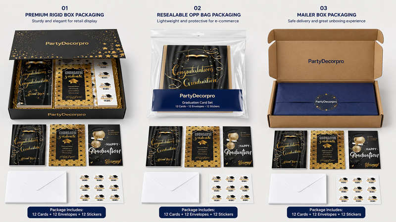 Custom graduation card set packaging featuring gift box, resealable bag, and mailer box with envelopes and stickers