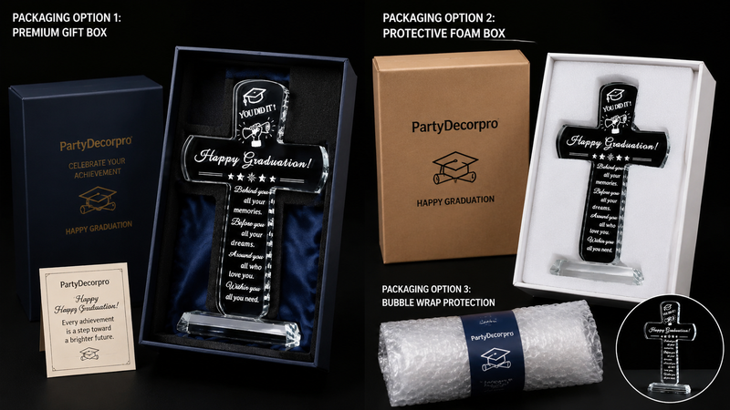 Graduation crystal cross gift packaging options including premium box, foam protection and bubble wrap presentation design