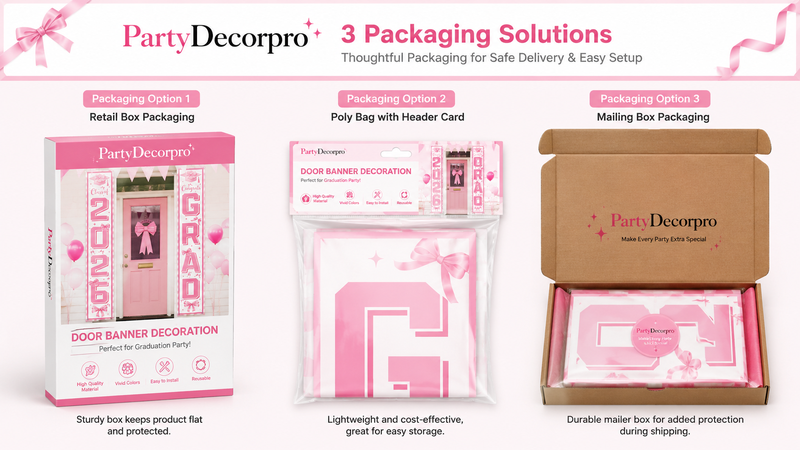 Three different packaging options for graduation door banners including box, poly bag, and mailer presentation.