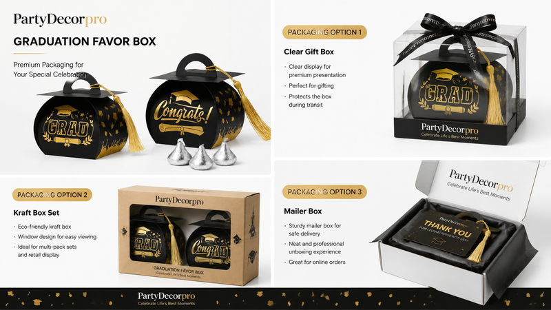 Graduation favor box packaging with black and gold design, tassel detail, and premium gift presentation options
