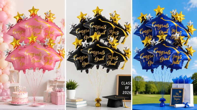 Custom graduation foil balloon bouquet with black gold star balloons for party decoration themes
