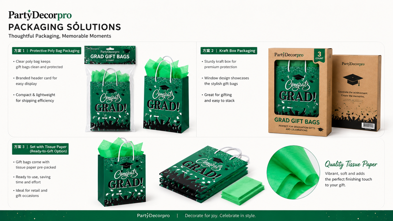 Graduation gift bags packaging options in green with various styles including poly bag, kraft box, and tissue paper set.