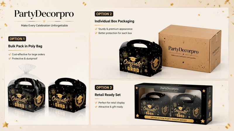 Black and gold graduation gift packaging box set mockup with customizable retail and bulk packaging options