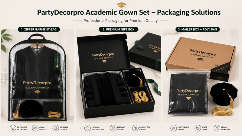 Graduation gown set packaging options including zipper garment bag, premium gift box, and mailer box with poly bag for retail and gifting