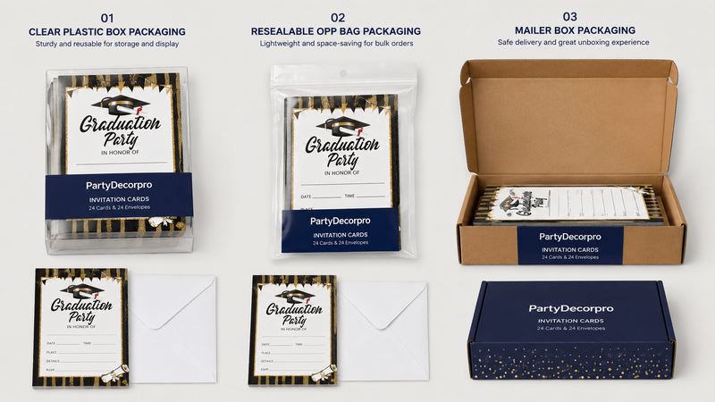 Custom packaging solutions for graduation invitation cards featuring clear plastic box, resealable OPP bag, and mailer box packaging