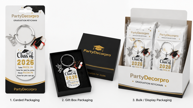 Graduation keychain packaging options including carded blister, gift box and bulk display with brand customization