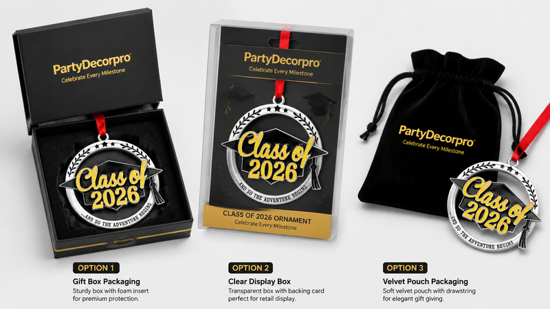 Graduation ornament packaging options including gift box and velvet pouch with customizable branding solutions