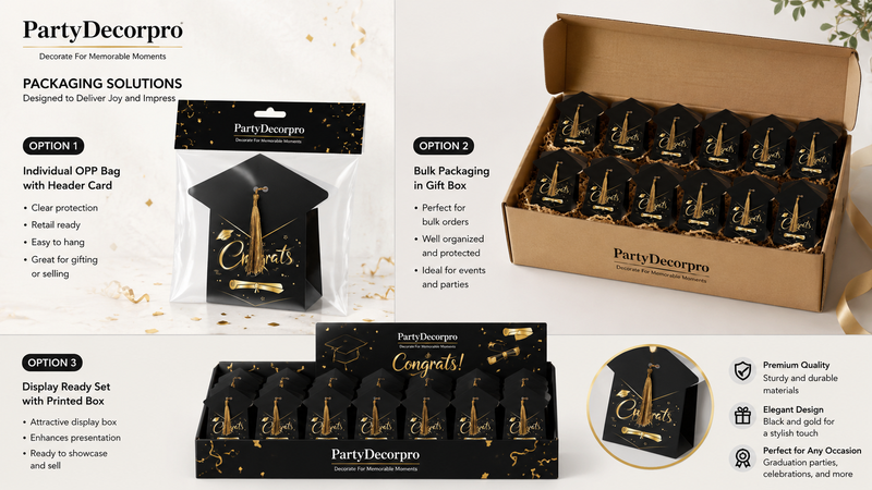 Graduation gift bag packaging options with black and gold design, tassel detail, available in OPP bag, gift box, and display set formats