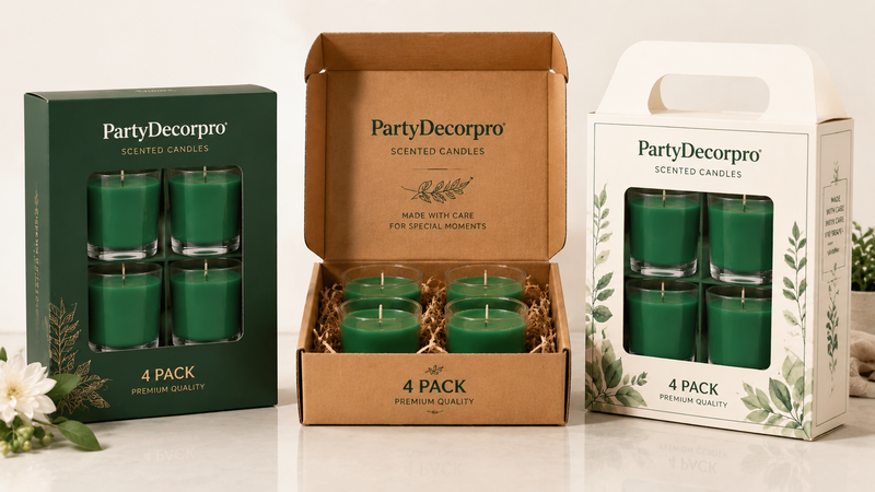 Green glass scented candles in multiple packaging box styles for wholesale product display