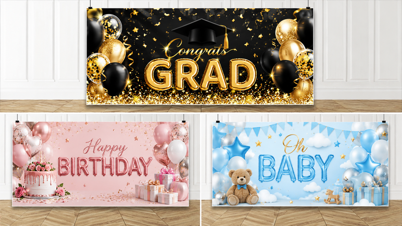 Custom celebration backdrop featuring graduation, birthday, and baby shower themes with balloons and gifts