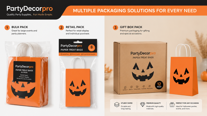 Halloween-themed orange gift bag packaging options showing bulk, retail, and gift box variations.