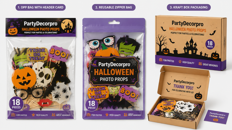 Halloween photo booth props packaging comparison showing OPP bag, zipper pouch and kraft box options for wholesale retail