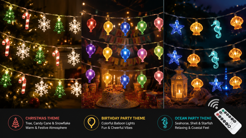 Halloween pumpkin shaped LED string lights glowing in dark spooky graveyard scene with bats ghosts and jack o lantern decorations